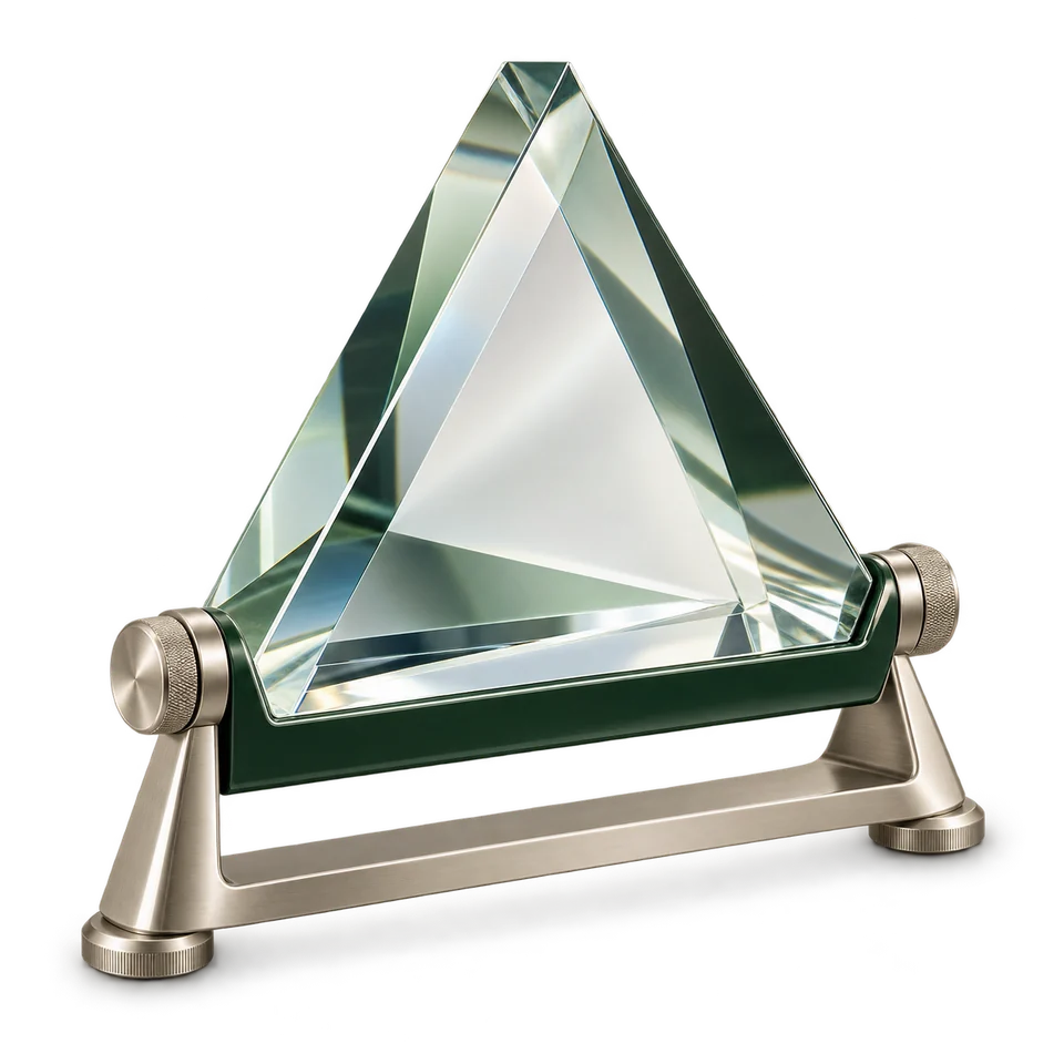 Optisches Glasprisma in einer Halterung aus Waldgrün und satiniertem Metall.